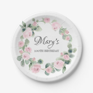 Pink Rose Eucalyptus 100TH Birthday Paper Plate