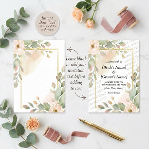 Pink rose, eucalyptus and gold frame blank wedding invitation