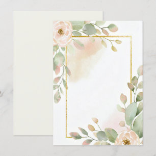 Pink rose, eucalyptus and gold frame blank wedding invitation