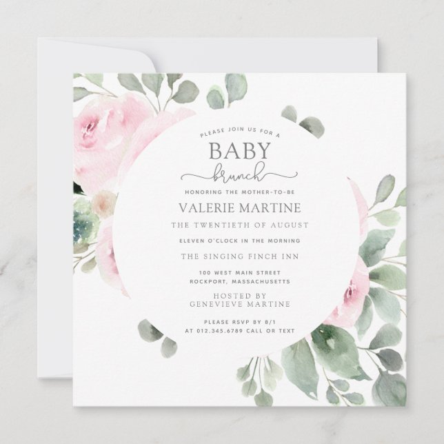 Pink Rose Eucalyptus Baby Brunch Invitation (Front)
