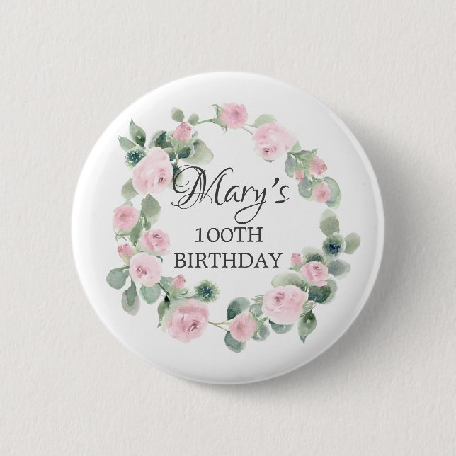 Pink Rose Eucalyptus Botanical 100TH Birthday 2 Inch Round Button (Front)