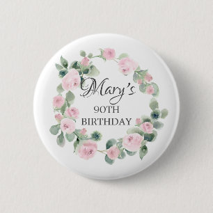 Pink Rose Eucalyptus Botanical 90TH Birthday 2 Inch Round Button