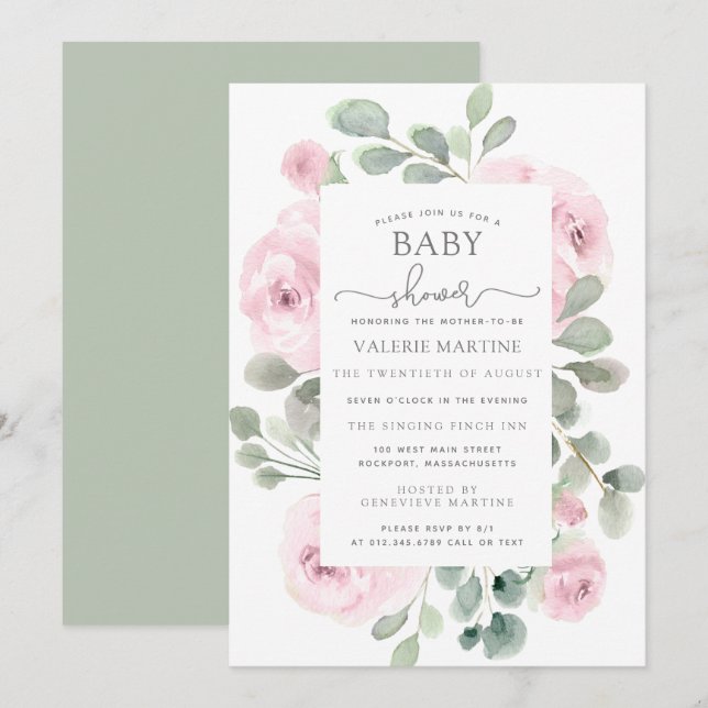 Pink Rose Eucalyptus Botanical Baby Shower Invitation (Front/Back)