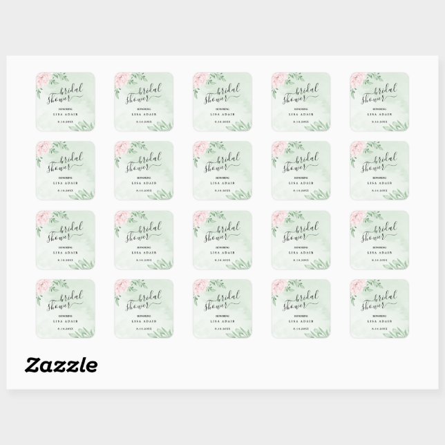 Pink Rose Eucalyptus Foliage Bridal Shower Square Sticker (Sheet)