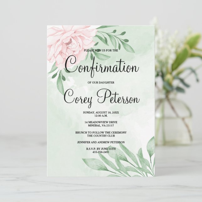 Pink Rose Eucalyptus Foliage Confirmation Invitation (Standing Front)