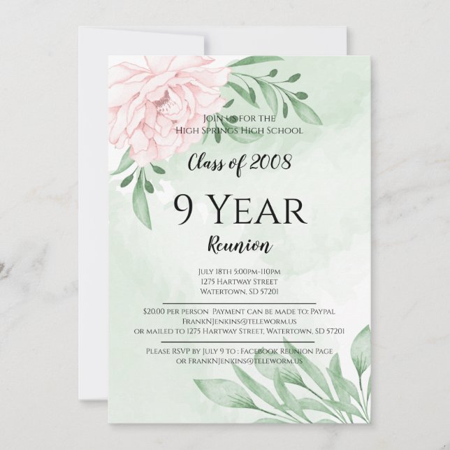 Pink Rose Eucalyptus Foliage High School Reunion Invitation (Front)
