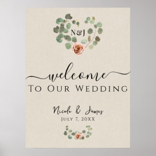 Pink Rose & Eucalyptus Heart Rustic Wedding  Poster