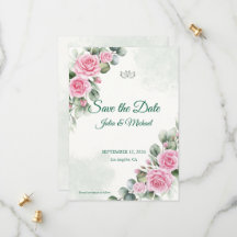 Pink Rose & Eucalyptus Sage Save the Date Card
