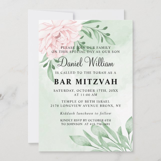 Pink Rose Eucalyptus Succulent Foliage Bar Mitzvah Invitation (Front)