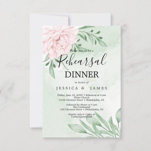 Pink Rose Eucalyptus Succulent Rehearsal Dinner Invitation (Front)