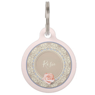 Pink Rose Faux Lacework Personalized Pet ID Tag
