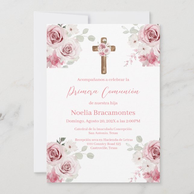 Pink rose first communion invitation in spanish  (Front)
