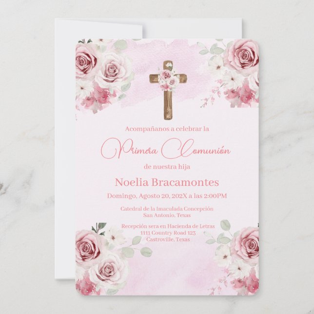 Pink rose first communion invitation in spanish  (Front)