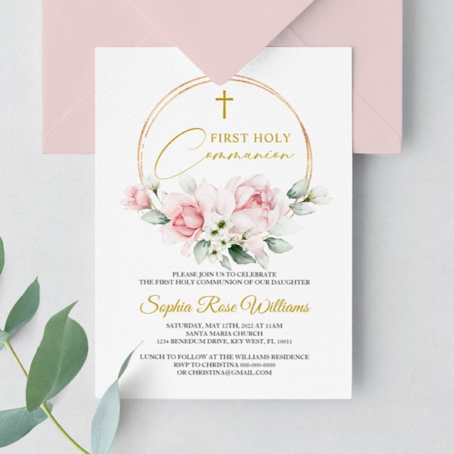 Pink Rose First Holy Communion  Invitation (Creator Uploaded)