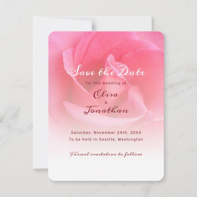 Pink Rose Flat Save The Date Card (Front)