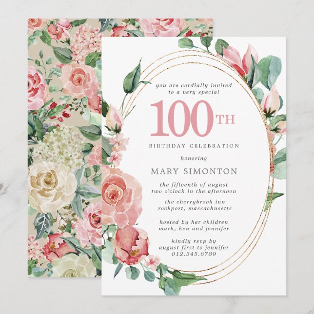 Pink Rose Floral 100th Birthday Party Invitation (Front/Back)