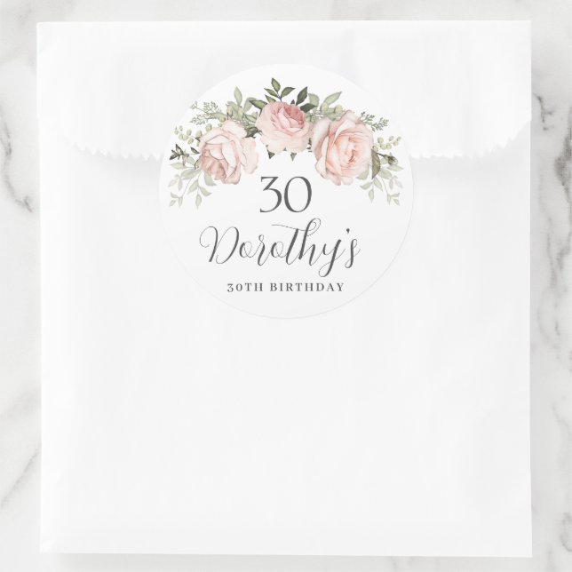 Pink Rose Floral 30th Birthday Classic Round Sticker (Bag)