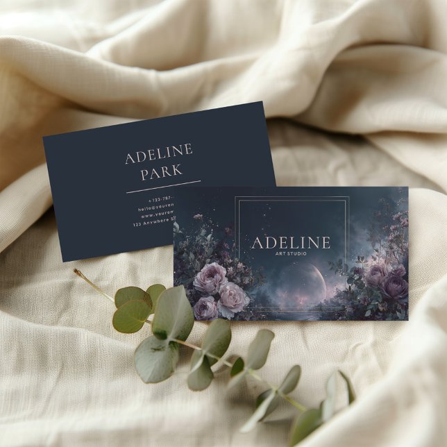 Pink Rose Floral and Celestial Planet Night Sky Business Card (Creator Uploaded)