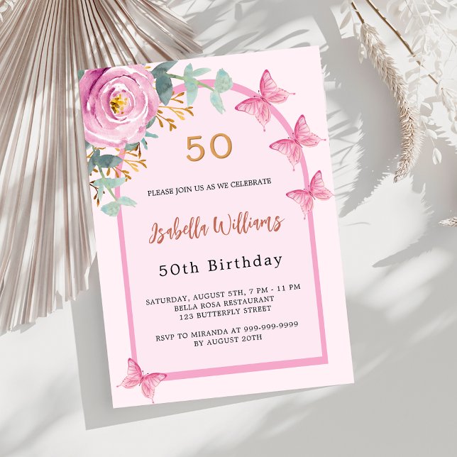 Pink rose floral arch butterflies Birthday Invitation (Creator Uploaded)