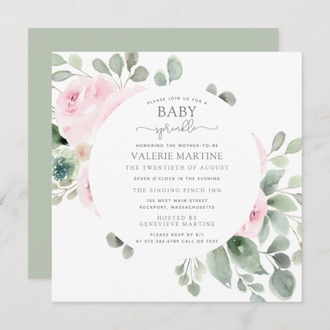 Pink Rose Floral Baby Sprinkle Invitation (Front/Back)