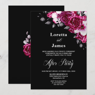 Pink Rose Floral Black Wedding Reception Invitation