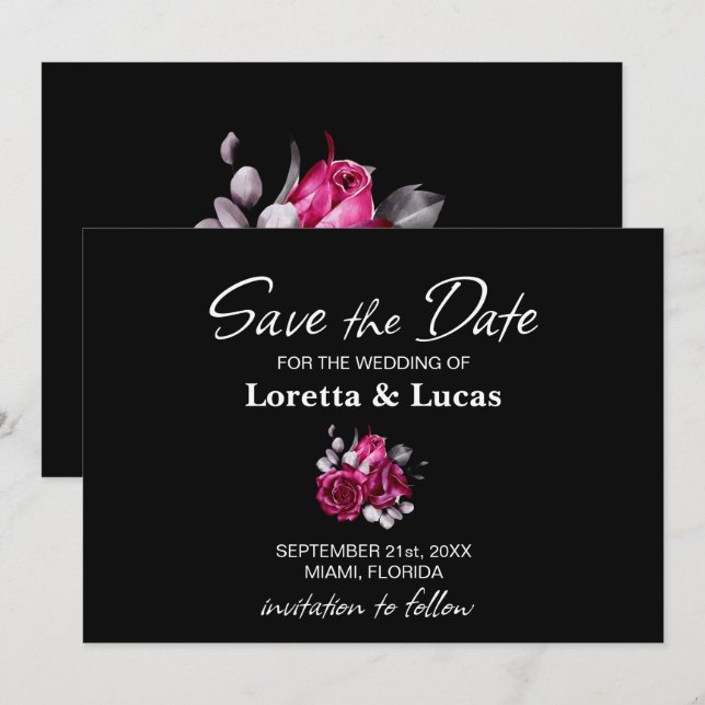 Pink Rose Floral Black Wedding Save the Date (Front/Back)