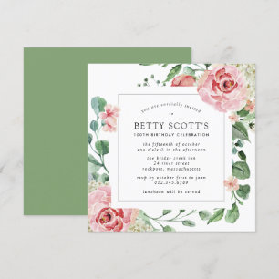 Pink Rose Floral Botanical 100th Birthday Party Invitation