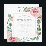 Pink Rose Floral Botanical 90th Birthday Party Invitation<br><div class="desc">A very pretty square invitation for a 90th birthday party. The modern square shape features a botanical frame decorated with pink roses and white hydrangeas. Beautiful green eucalyptus leaves and rose branches create an open and airy vibe. All of the text is editable. Coordinating stationery and party supplies are available....</div>