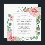 Pink Rose Floral Botanical 90th Birthday Party Invitation<br><div class="desc">A very pretty square invitation for a 90th birthday party. The modern square shape features a botanical frame decorated with pink roses and white hydrangeas. Beautiful green eucalyptus leaves and rose branches create an open and airy vibe. All of the text is editable. Coordinating stationery and party supplies are available....</div>