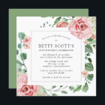 Pink Rose Floral Botanical 90th Birthday Party Invitation<br><div class="desc">A very pretty square invitation for a 90th birthday party. The modern square shape features a botanical frame decorated with pink roses and white hydrangeas. Beautiful green eucalyptus leaves and rose branches create an open and airy vibe. All of the text is editable. Coordinating stationery and party supplies are available....</div>