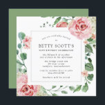 Pink Rose Floral Botanical 90th Birthday Party Invitation<br><div class="desc">A very pretty square invitation for a 90th birthday party. The modern square shape features a botanical frame decorated with pink roses and white hydrangeas. Beautiful green eucalyptus leaves and rose branches create an open and airy vibe. All of the text is editable. Coordinating stationery and party supplies are available....</div>