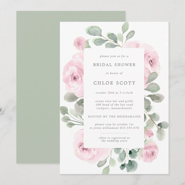 Pink Rose Floral Botanical Bridal Shower Invitation (Front/Back)