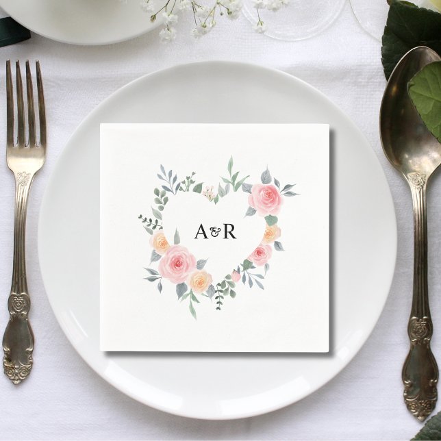 Pink Rose Floral Botanical Heart Shaped Wedding Napkin (Creator Uploaded)