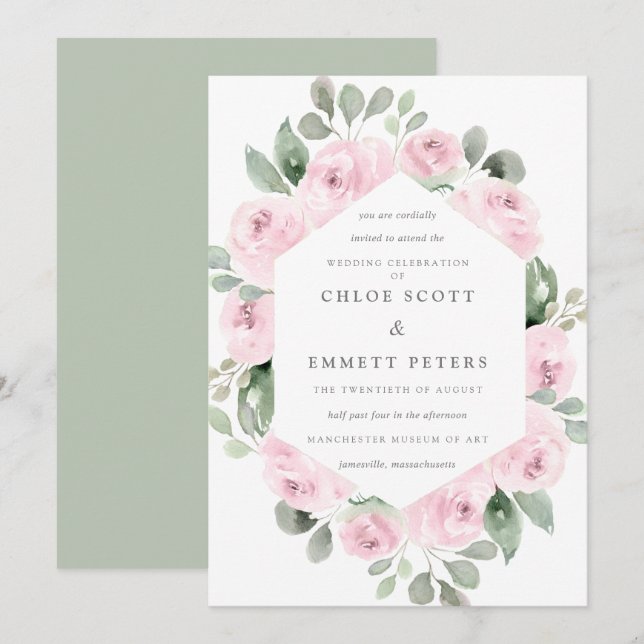 Pink Rose Floral Botanical Wedding Invitation (Front/Back)