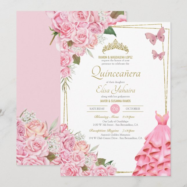 Pink Rose Floral Butterfly Quinceanera Celebration Invitation (Front/Back)