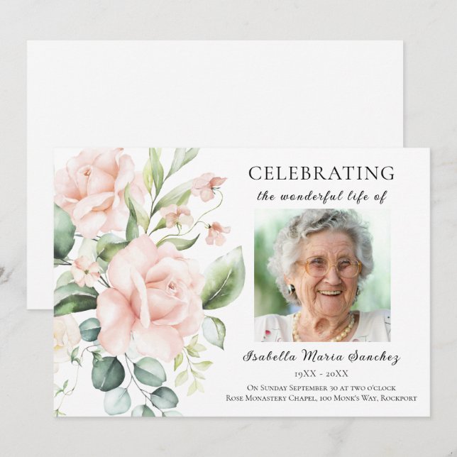 Pink Rose Floral Celebration of Life Photo Invitation (Front/Back)