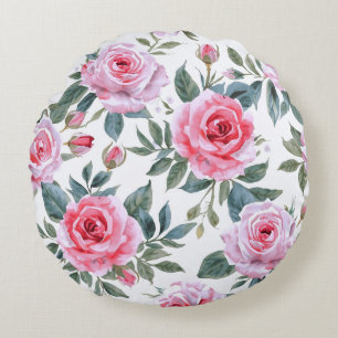 Pink Rose Floral Cottagecore Watercolor Pattern Round Pillow