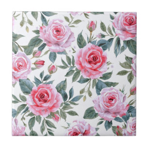 Pink Rose Floral Cottagecore Watercolor Pattern Tile