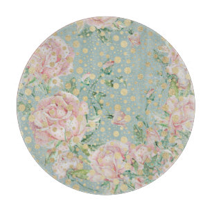 Pink rose floral dot gold teal elegant vintage cutting board