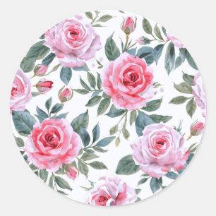 Pink Rose Floral Elegant Watercolor Pattern Classic Round Sticker