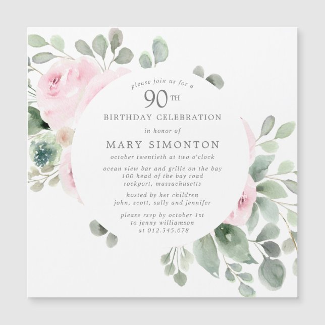 Pink Rose Floral Eucalyptus 90th Birthday Party Magnetic Invitation (Front)