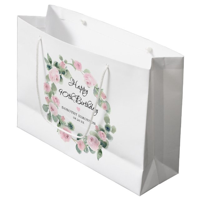 Pink Rose Floral Eucalyptus Wreath 90th Birthday Large Gift Bag (Front Angled)