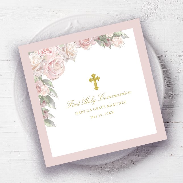 Pink Rose Floral First Communion Cocktail Napkin (Creator Uploaded)