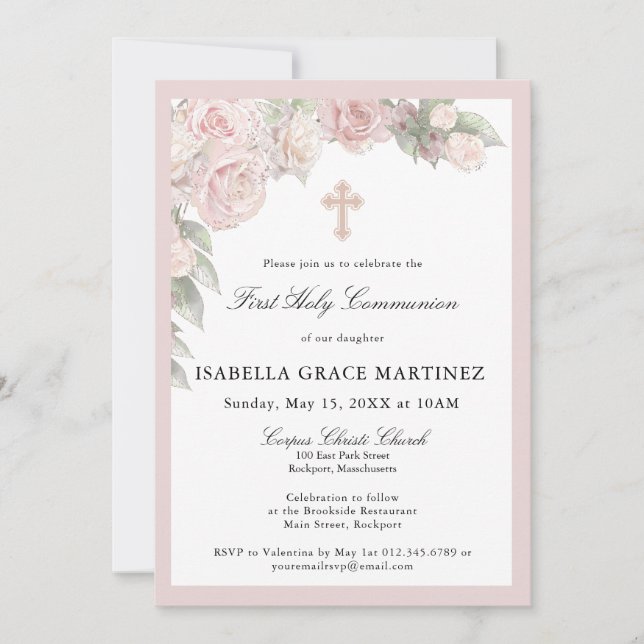 Pink Rose Floral First Communion Invitation (Devant)