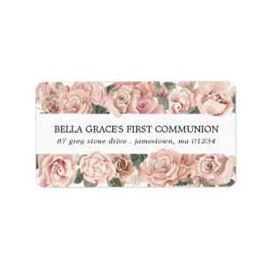 Pink Rose Floral First Communion Return Address Label