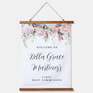 Pink Rose Floral First Communion Welcome Hanging Tapestry