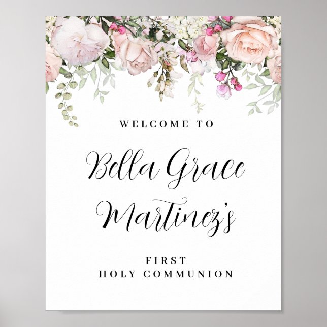 Pink Rose Floral First Communion Welcome Sign (Front)