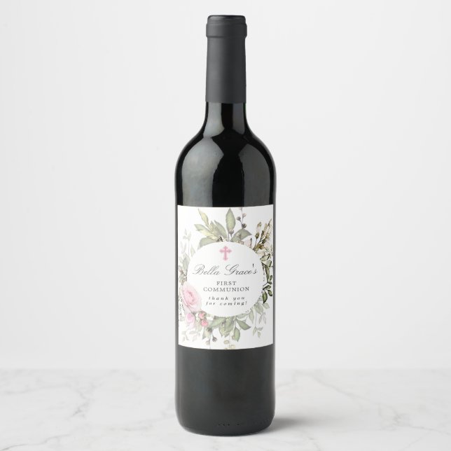 Pink Rose Floral First Communion  Wine Label (Front)