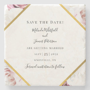Pink Rose Floral Geometric Save The Date Stone Coaster