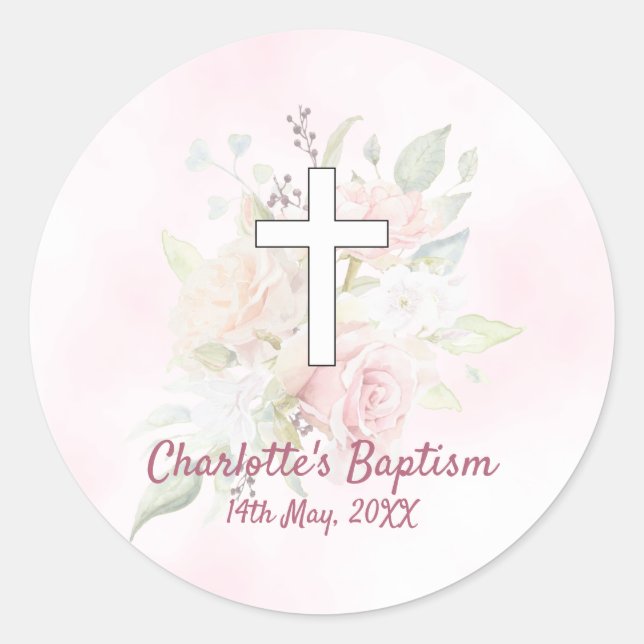 Pink rose floral girl Baptism Classic Round Sticker (Front)